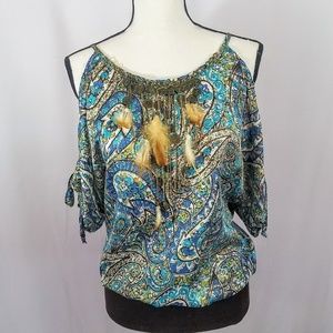 Paisley womens blouse with feather embelishment